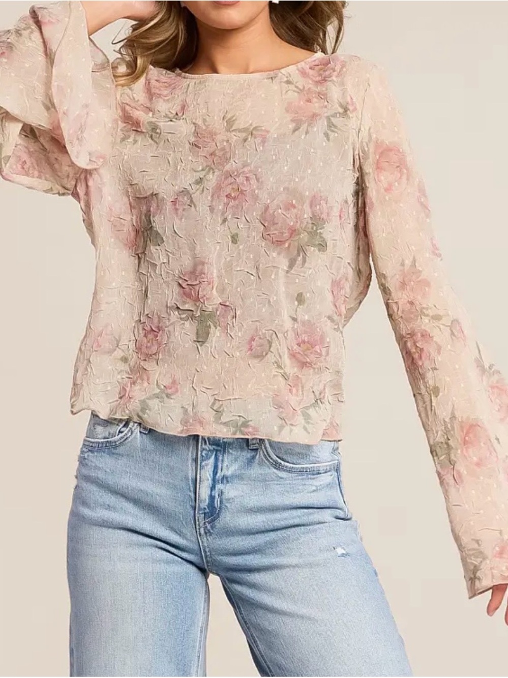 Buckle Pink Floral Sheer Bell-Sleeve Blouse - Picture 4 of 4